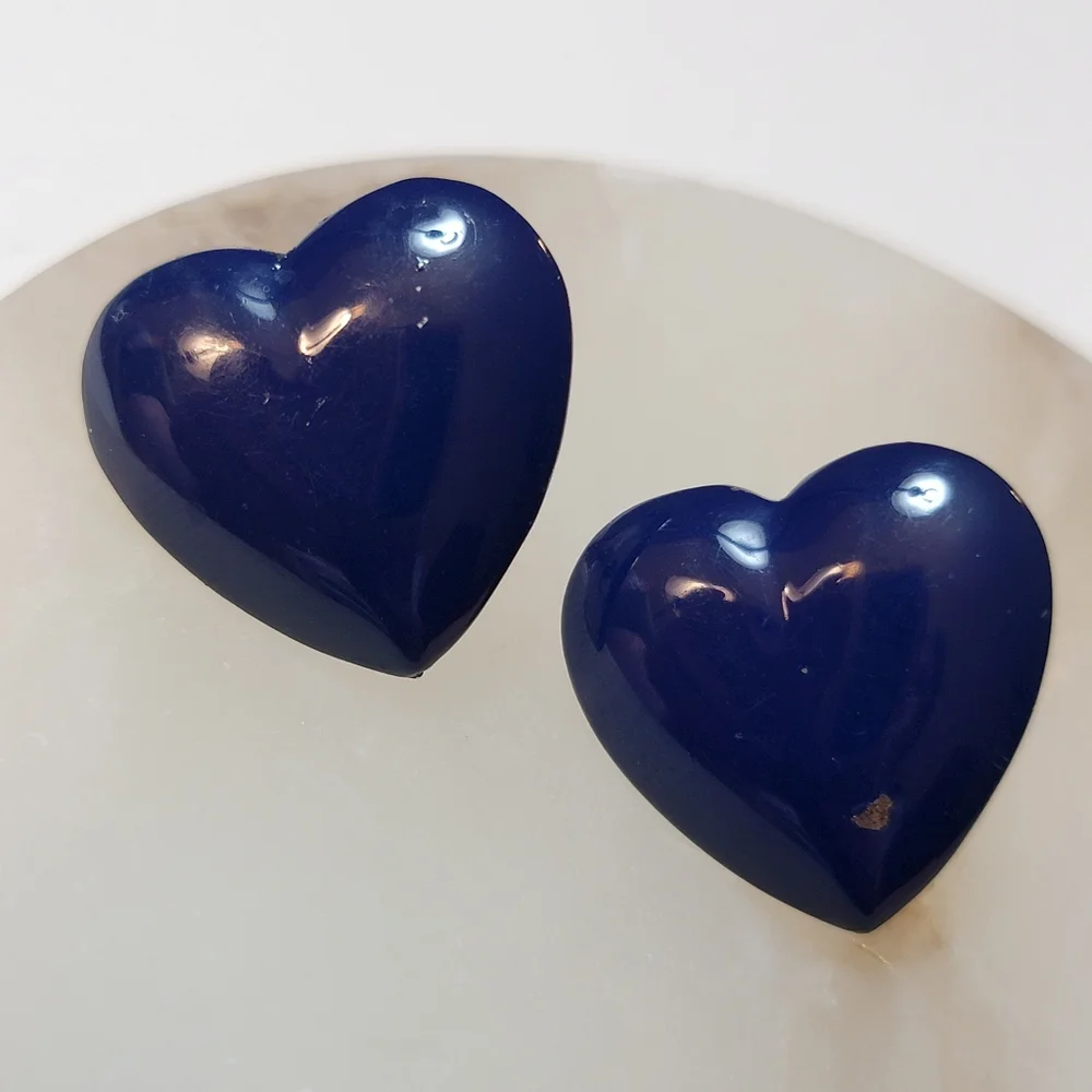 Vintage Navy Puffed Heart Pierced Earrings Blue